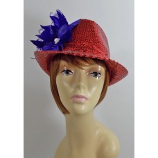 RED SEQUIN FEDORA HAT & FEATHER FLOWER LADIES OF SOCIETY DERBY DAY OR CHURCH  eb-82029851